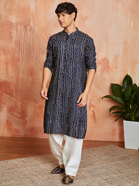Men's Navy Blue Rayon Kurta And Patyala Set